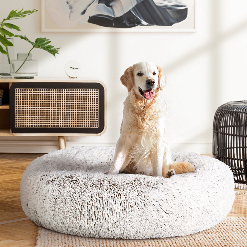 i.Pet - Calming Plush Pet Bed – White Brown (dia.90cm)