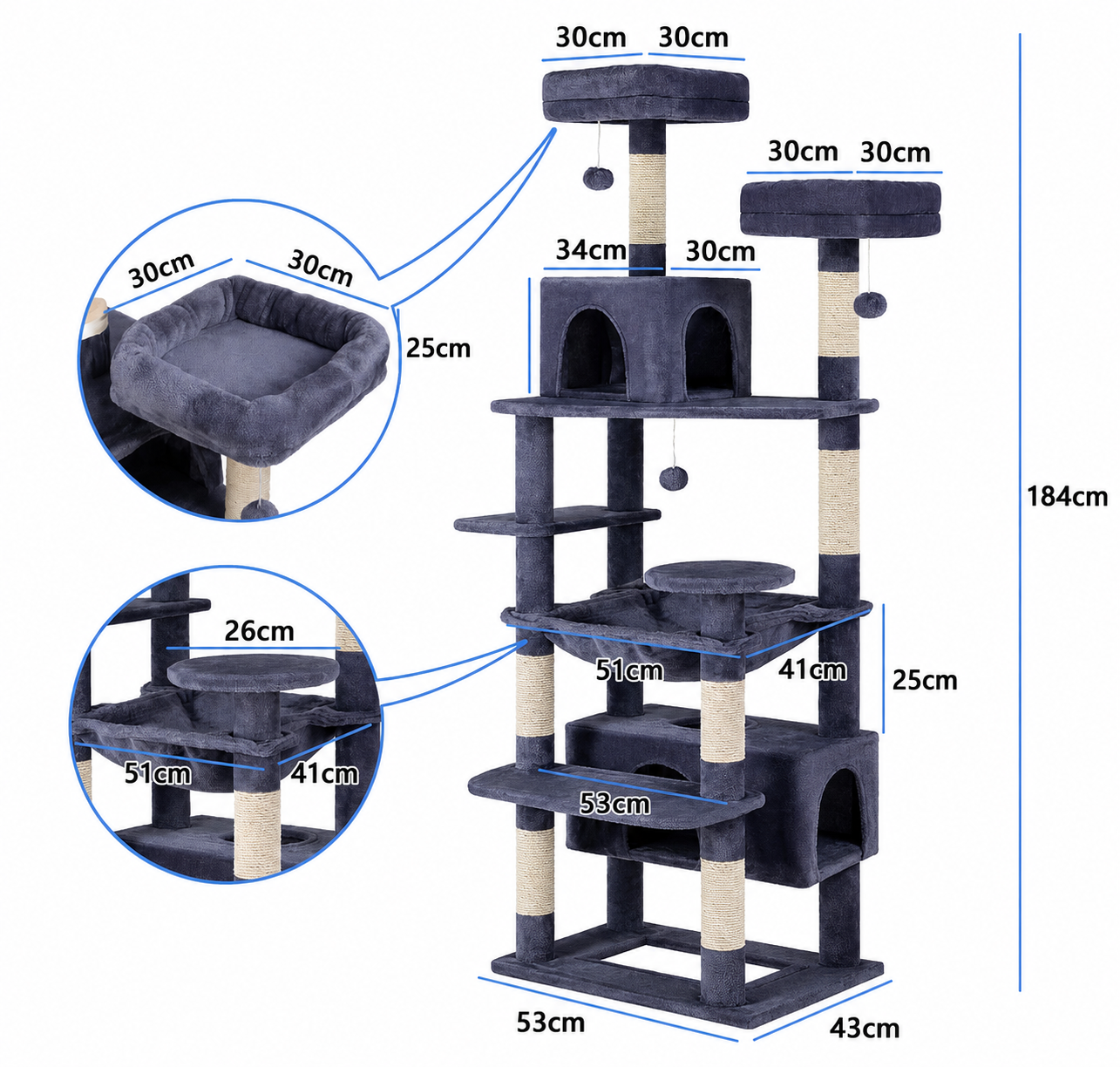 Cat Tree Tower – Plush Condo & Scratcher - Grey 180cm