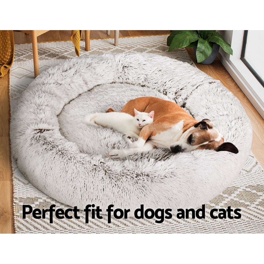 i.Pet - Calming Plush Pet Bed – White Brown (dia.110cm)