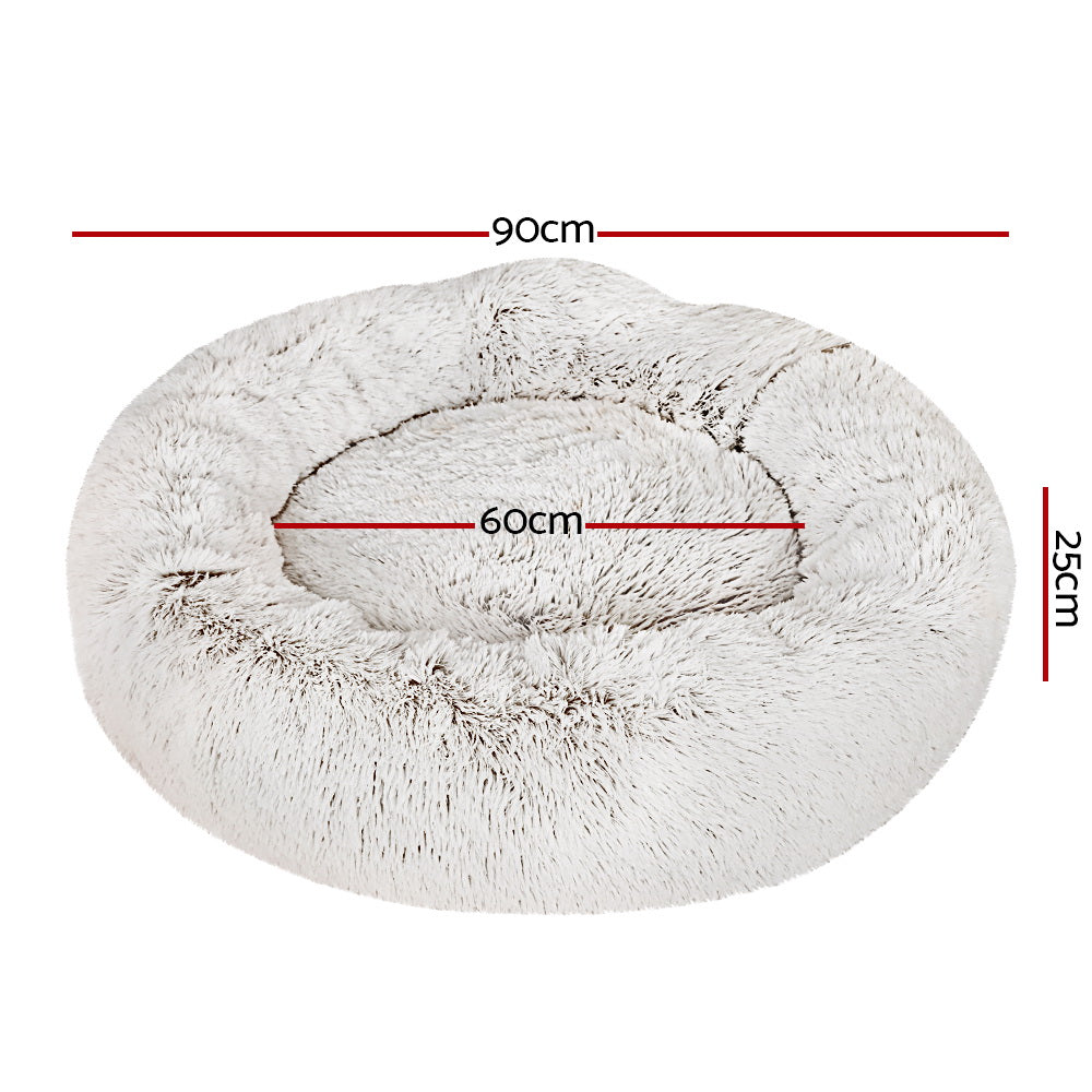 i.Pet - Calming Plush Pet Bed – White Brown (dia.90cm)