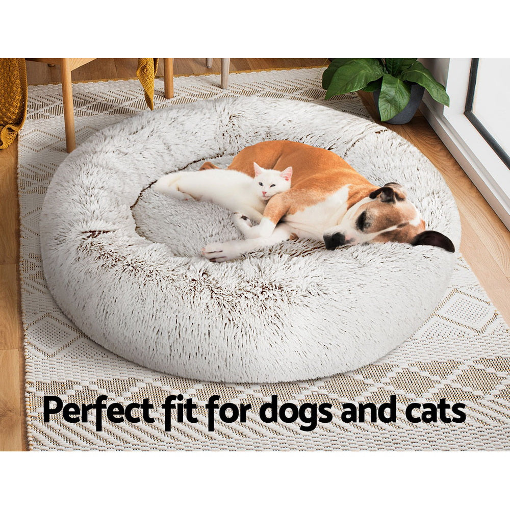 i.Pet - Calming Plush Pet Bed – White Brown (dia.90cm)