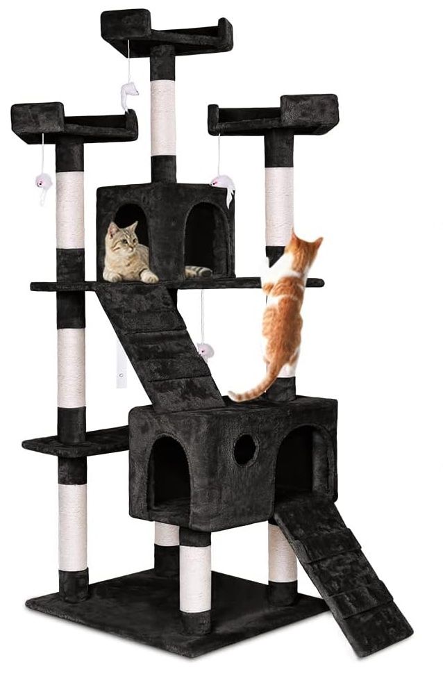 Cat Tree Tower – Dual Condos & Climbing Ramps - Black 180cm