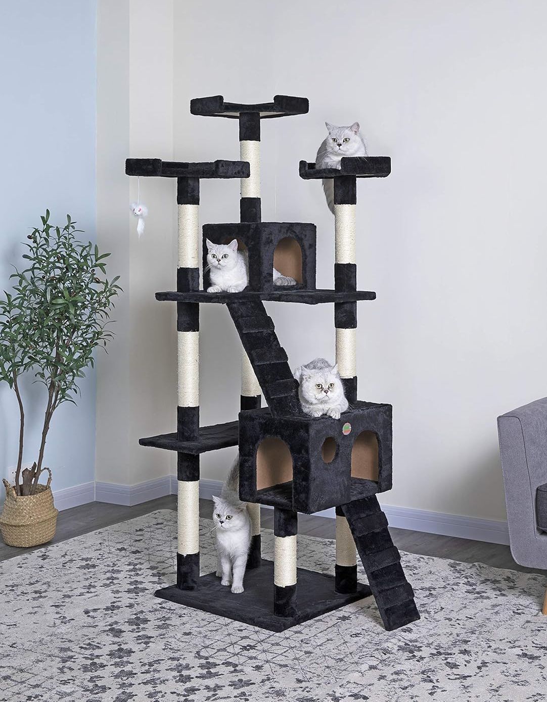 Cat Tree Tower – Dual Condos & Climbing Ramps - Black 180cm