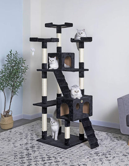 Cat Tree Tower – Dual Condos & Climbing Ramps - Black 180cm