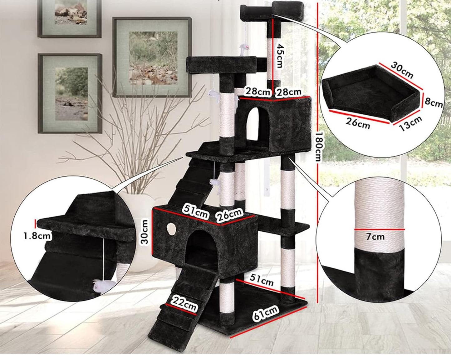 Cat Tree Tower – Dual Condos & Climbing Ramps - Black 180cm