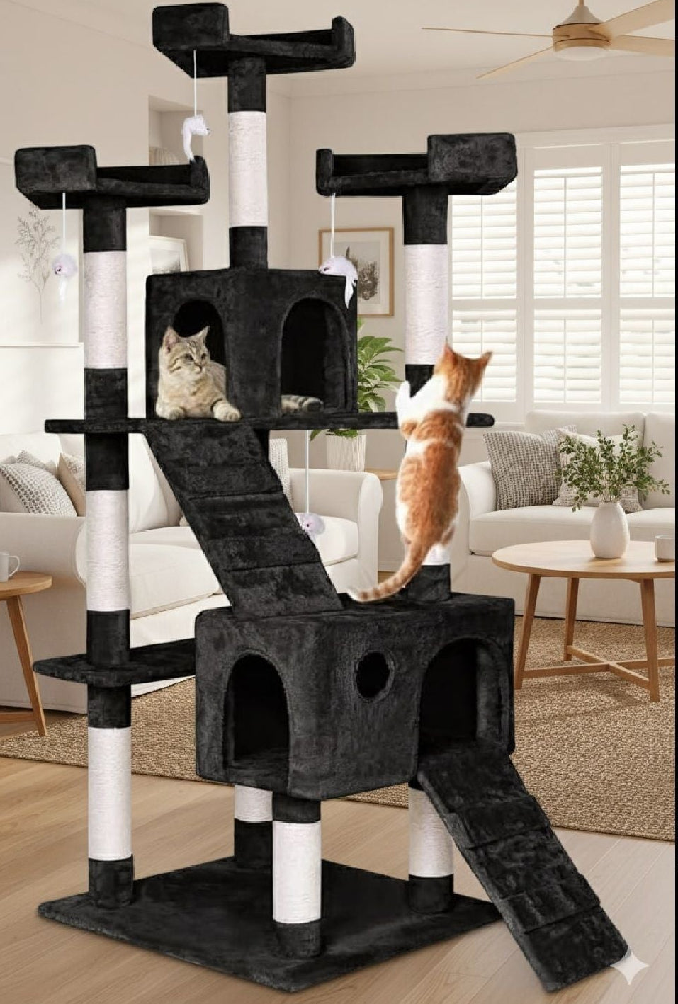 Cat Tree Tower – Dual Condos & Climbing Ramps - Black 180cm