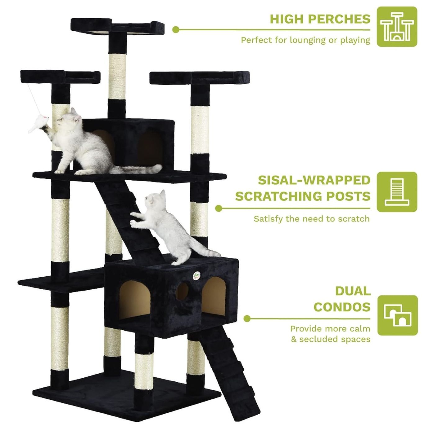 Cat Tree Tower – Dual Condos & Climbing Ramps - Black 180cm