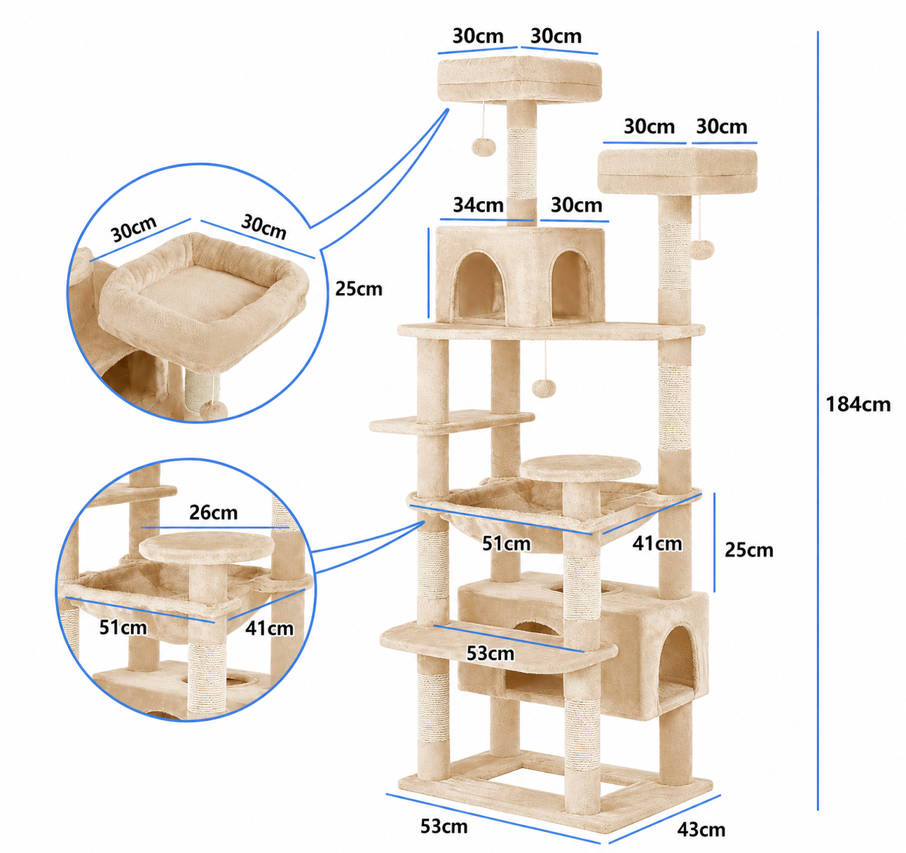 Cat Tree Tower – Plush Condo & Scratcher - Beige 180cm