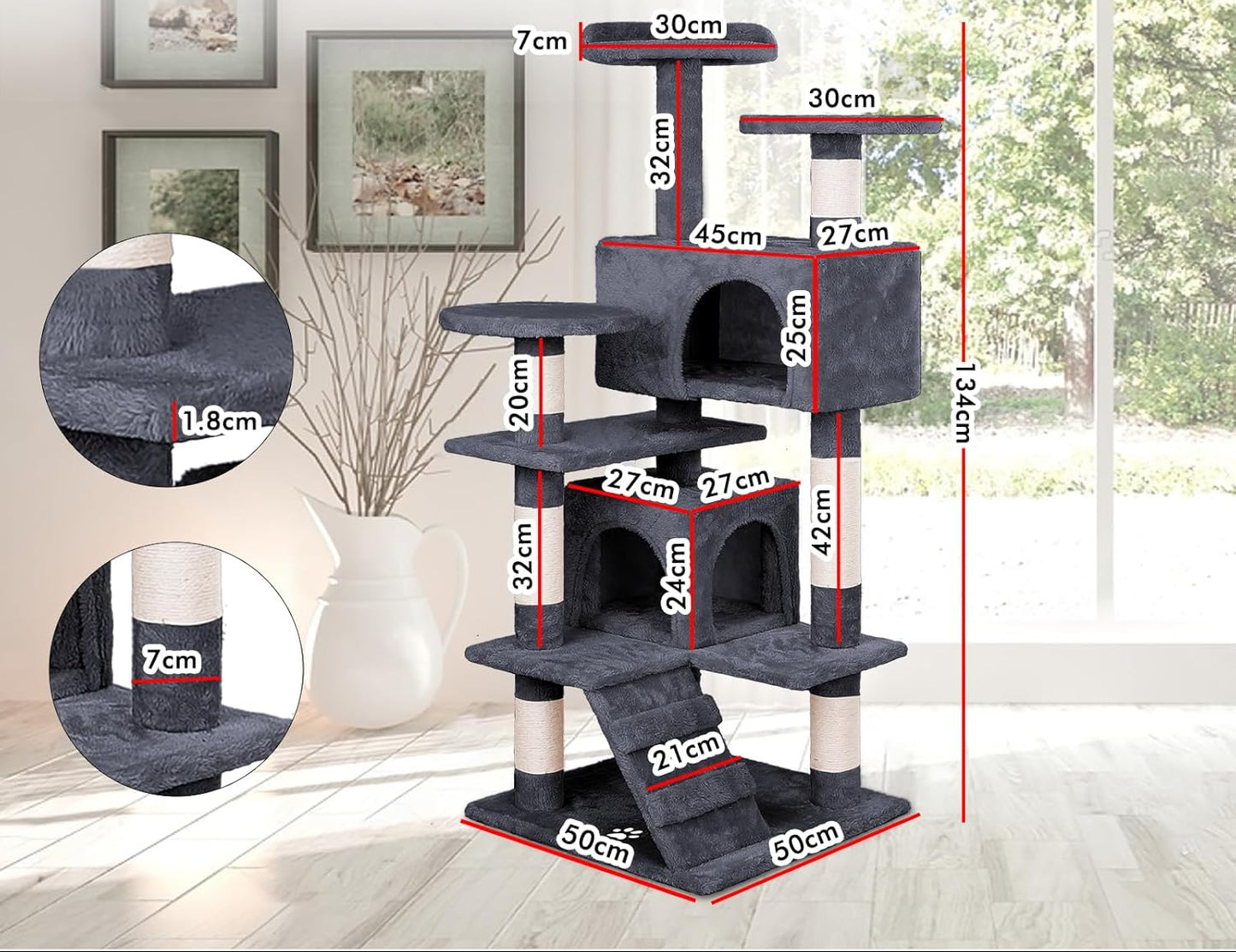 Multi-Level Cat Tree Tower - Dark Grey 134cm