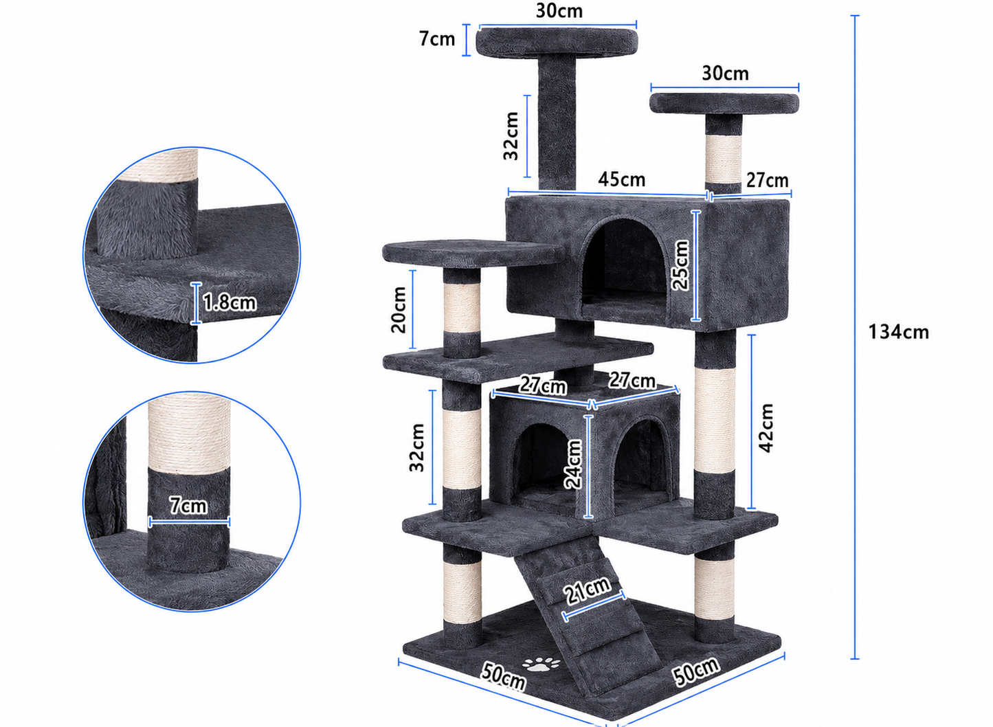 Multi-Level Cat Tree Tower - Dark Grey 134cm