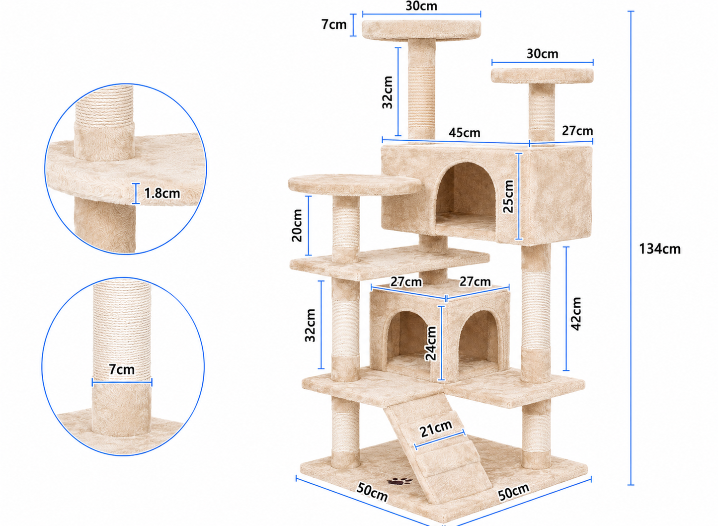 Multi-Level Cat Tree Tower - Beige 134cm