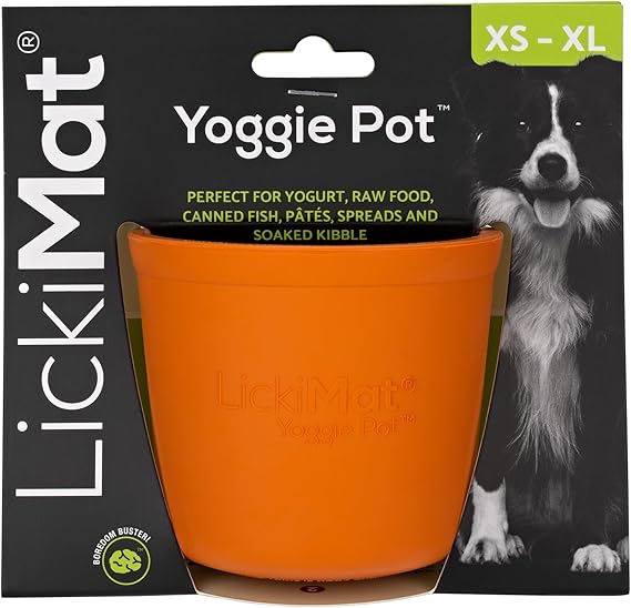 Orange Yoggie Pot LickiMat on packaging with a dog image