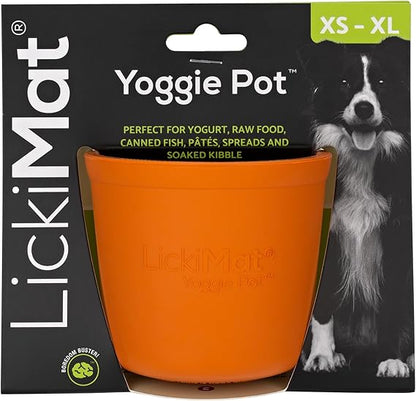 Orange Yoggie Pot LickiMat on packaging with a dog image